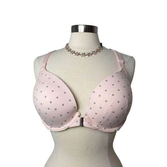 Cacique 44B T-Shirt Boost Plunge Bra Pink Polka Dot Padded Underwire Lace X Back - Picture 1 of 6